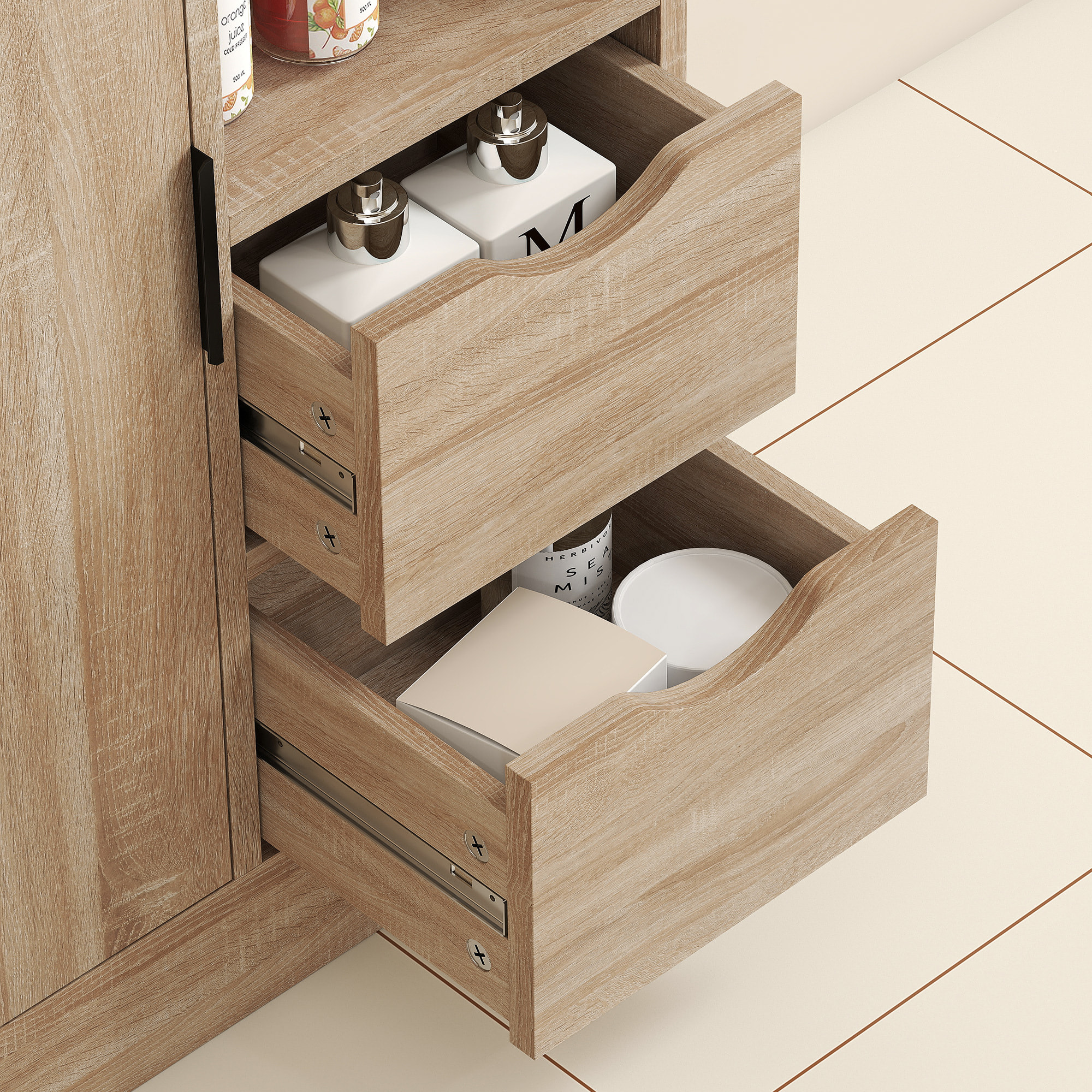 Meuble bas salle de bain porte étagère 2 niches 2 tiroirs - 50 x 25 x 100 cm - naturel