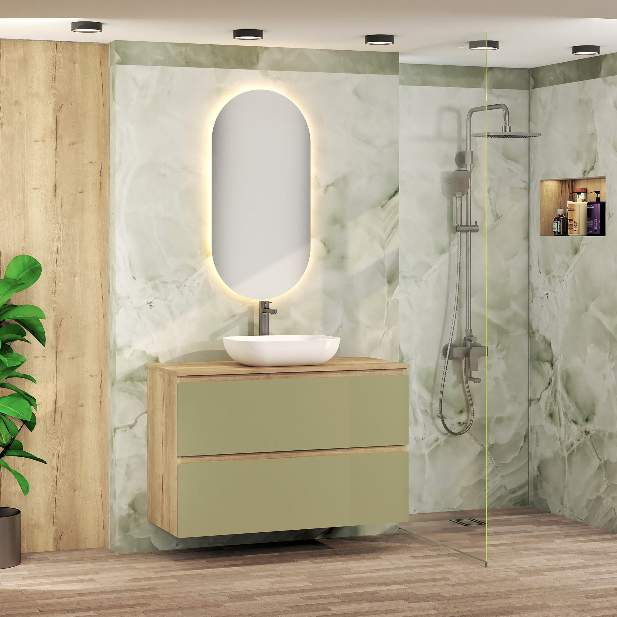 CONJUNTO DE BAÑO NIA | MUEBLE SUSPENDIDO | 100 CM VERDE | DOS CAJONES | LAVABO SOBREPUESTO | NO INCLUYE ESPEJO | MUEBLE MONTADO| ALDAY