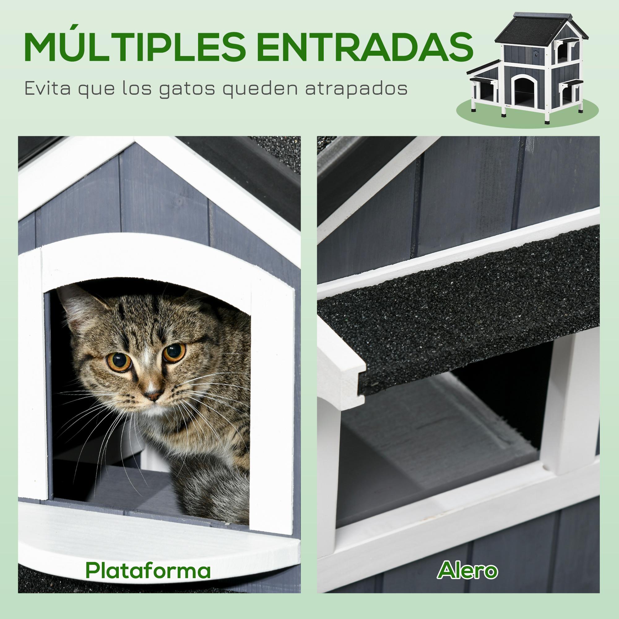 Caseta para Gatos de Madera con Macetero 96x65x85,5 cm Casa para Gatos Refugio para Gatos de 2 Niveles con Techo Asfáltico Ventana y Múltiples Entradas Gris