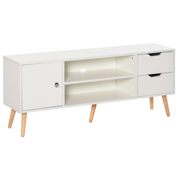 Mueble de TV 120x28x44cm con Armario Estantes Abiertos Cajones Carga 30kg Blanco