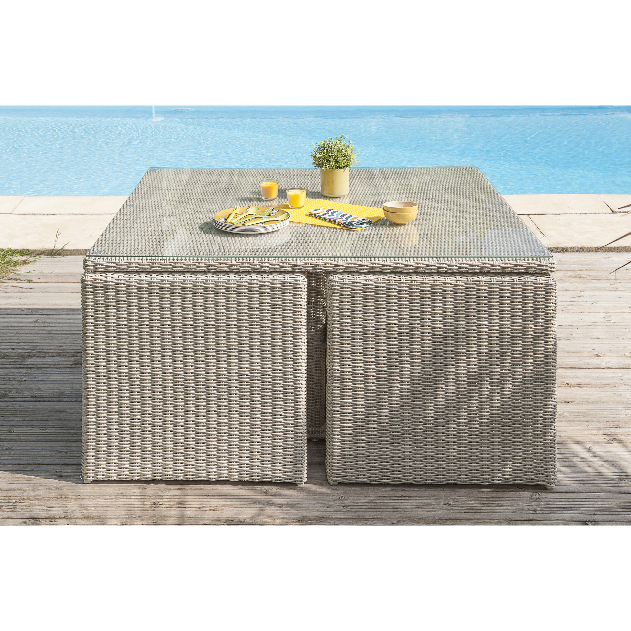 OCEANE - Ensemble repas de jardin encastrable 8 places en résine tressée crème