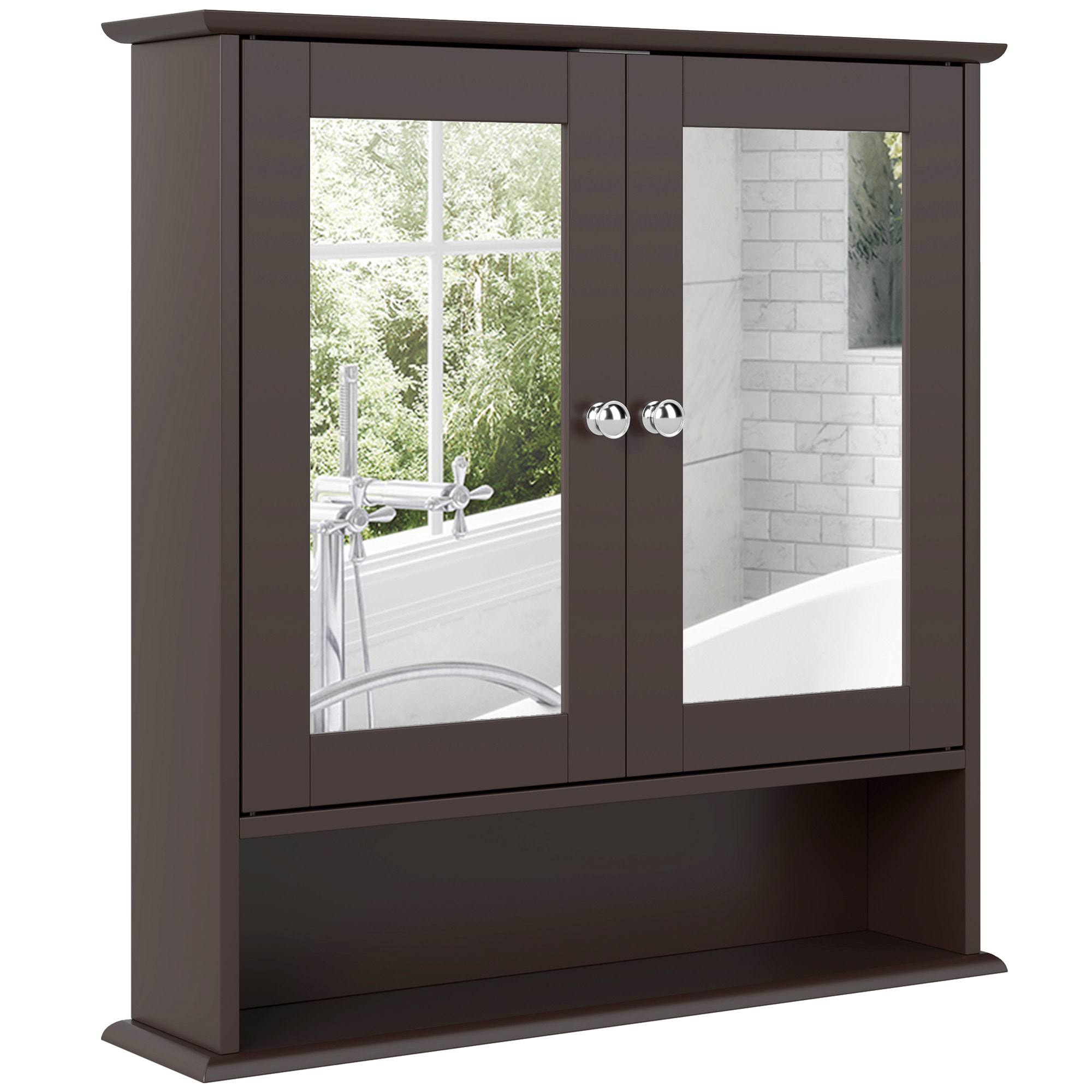 Armario de Baño con Espejo, Armario de Pared con 2 Puertas, Estante Abierto, Estante Ajustable, Mueble de Baño Colgar para Cocina, Salón, 56x13x58 cm, Marrón Oscuro