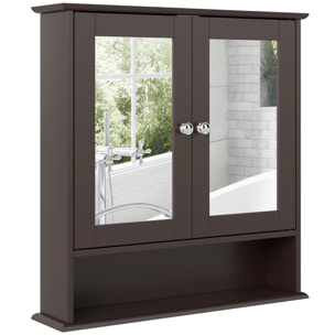 Armario de Baño con Espejo, Armario de Pared con 2 Puertas, Estante Abierto, Estante Ajustable, Mueble de Baño Colgar para Cocina, Salón, 56x13x58 cm, Marrón Oscuro