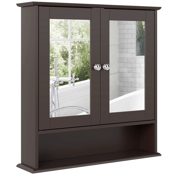 Armario de Baño con Espejo, Armario de Pared con 2 Puertas, Estante Abierto, Estante Ajustable, Mueble de Baño Colgar para Cocina, Salón, 56x13x58 cm, Marrón Oscuro