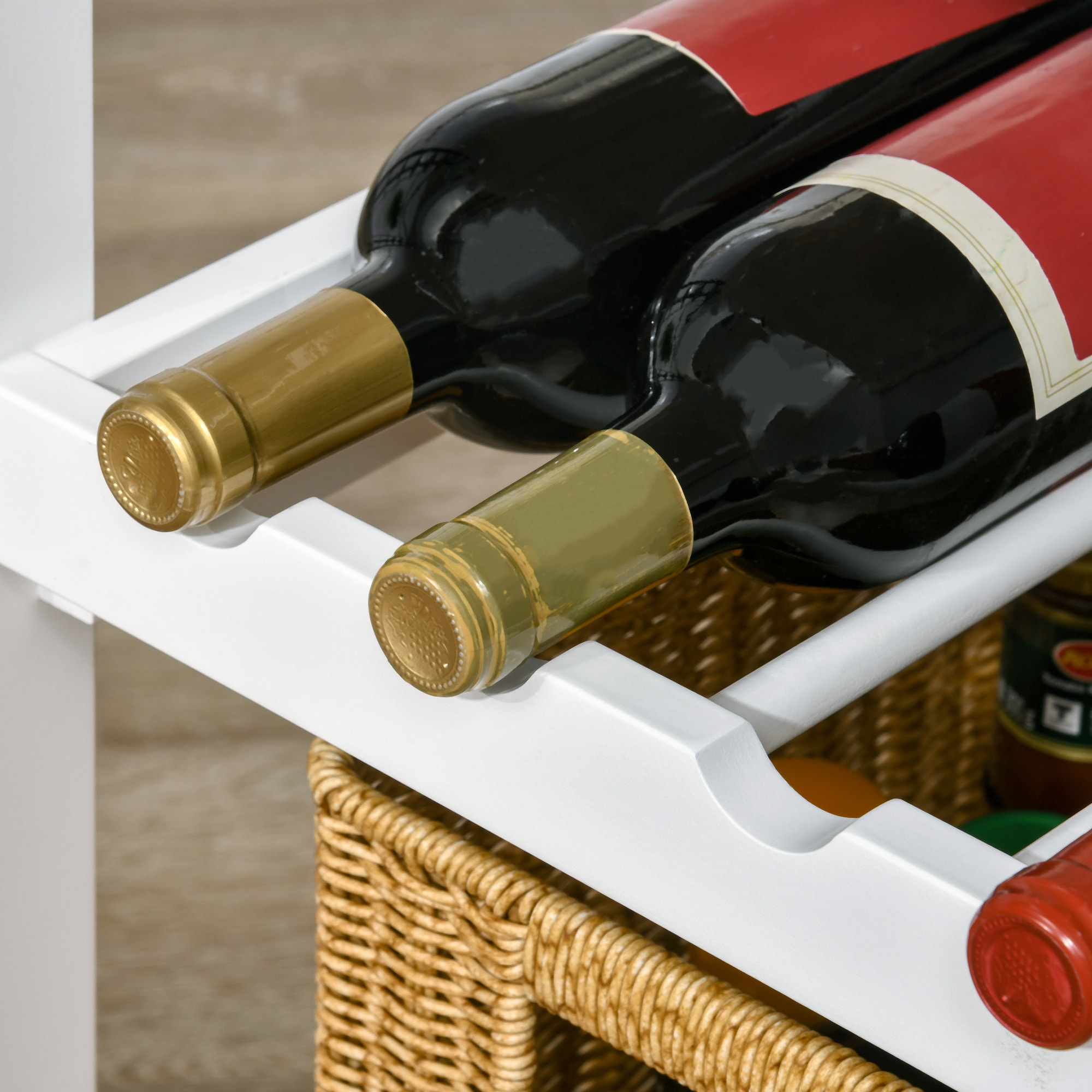 HOMCOM Carro de Cocina con Ruedas Carrito de Servicio con 1 Cajón Estantes Extraíbles Botellero para 4 Botellas y Armario para Comedor Salón Carga 40 kg 76x48x88 cm Blanco