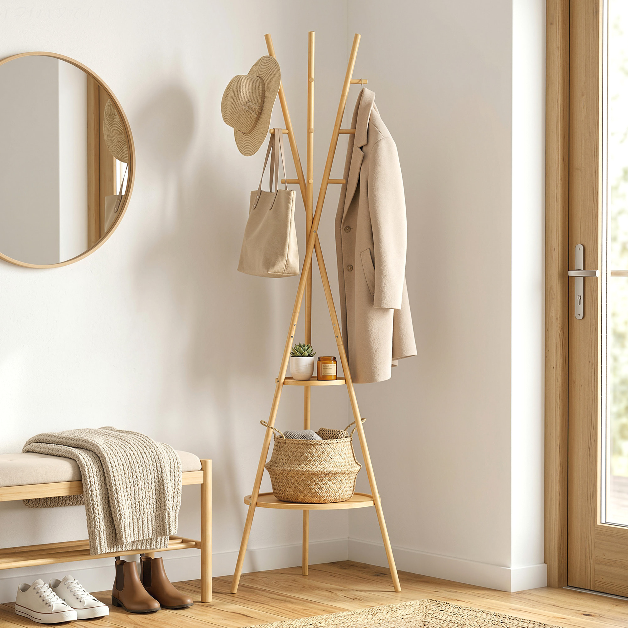 Perchero de Pie de Bambú, Perchero para Ropa con 2 Estantes y 9 Ganchos, Diseño Elegante, para Colgar Bolsas, Sombreros, en Pasillo, Entrada, Dormitorio, 58,5x58,5x176 cm, Natural