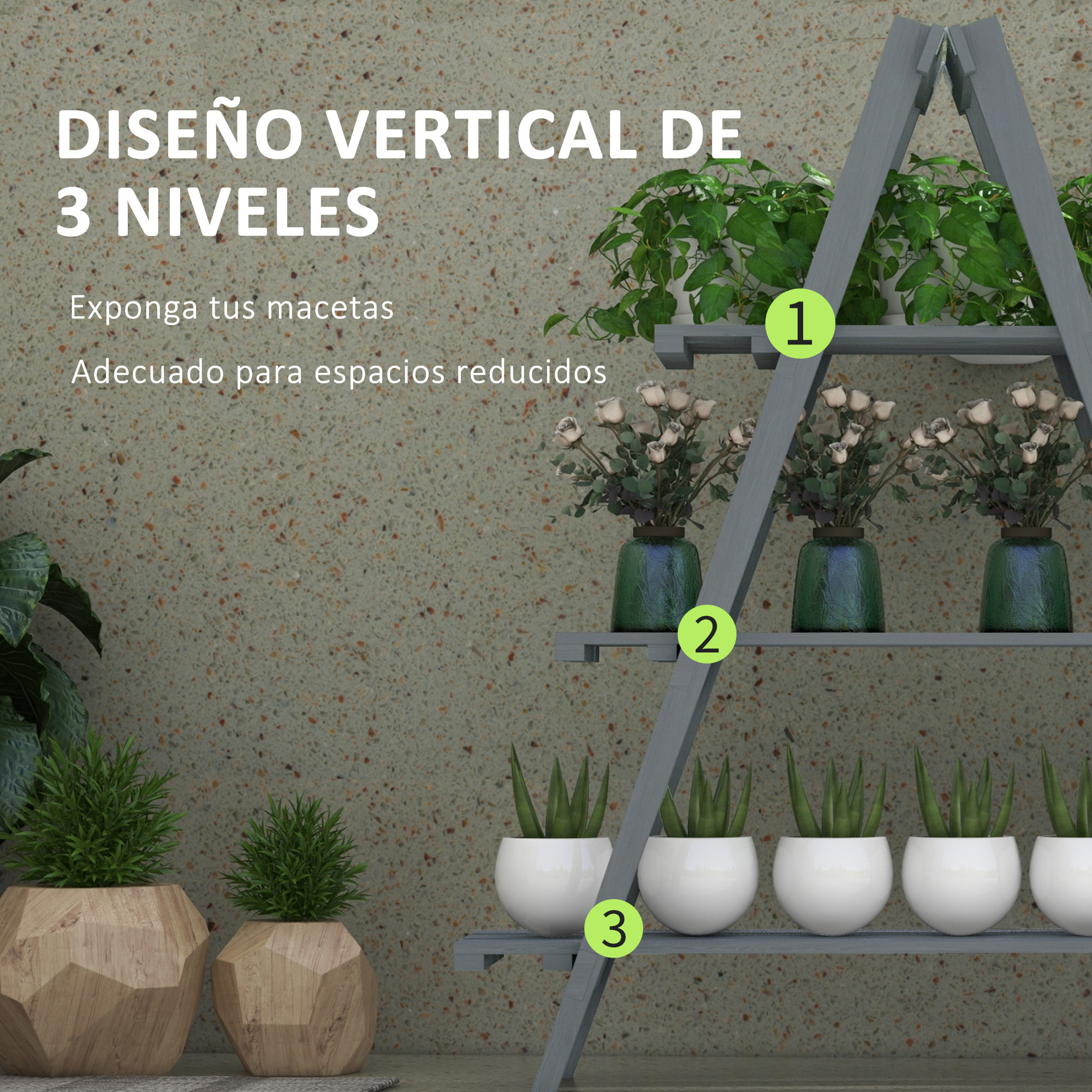 Estantería para Plantas Plegable de Madera Soporte para Macetas de 3 Niveles con Marco en A para Exteriores Interiores Salón Jardín Balcón 100x36x112 cm Gris