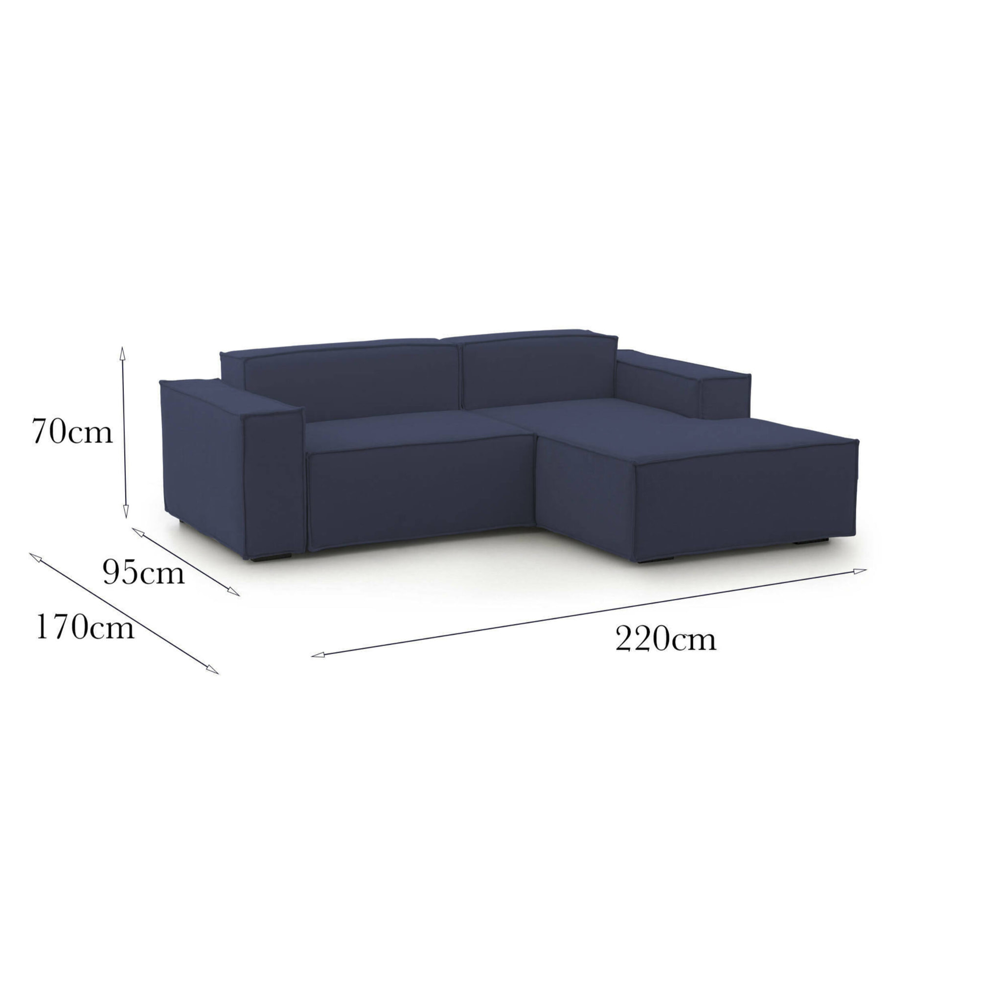 Divano fisso con penisola Amuleto, Divano componibile a 2 posti con penisola destra, Sofà moderno in tessuto, 100% Made in Italy, Cm 220x170h70, Blu