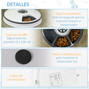 Alimentador Automático para Gatos y Perros Comedero Automático para Mascotas con Temporizador Pantalla LED Digital 6 Cuencos 128 ml y 4 Comidas al Día Ø30,5x7,2 cm Blanco