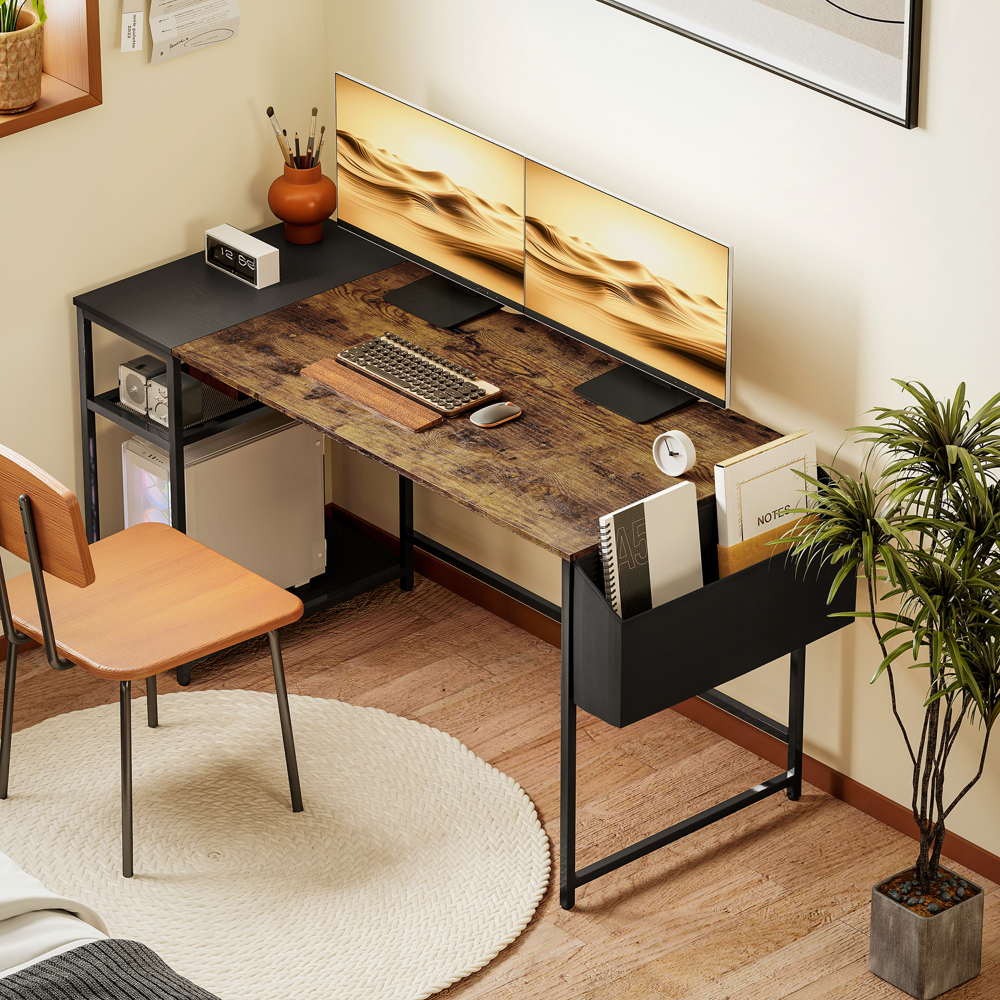 Bureau informatique style industriel dim. 150 x 60 cm - 3 étagères, panier - métal noir effet bois vieilli