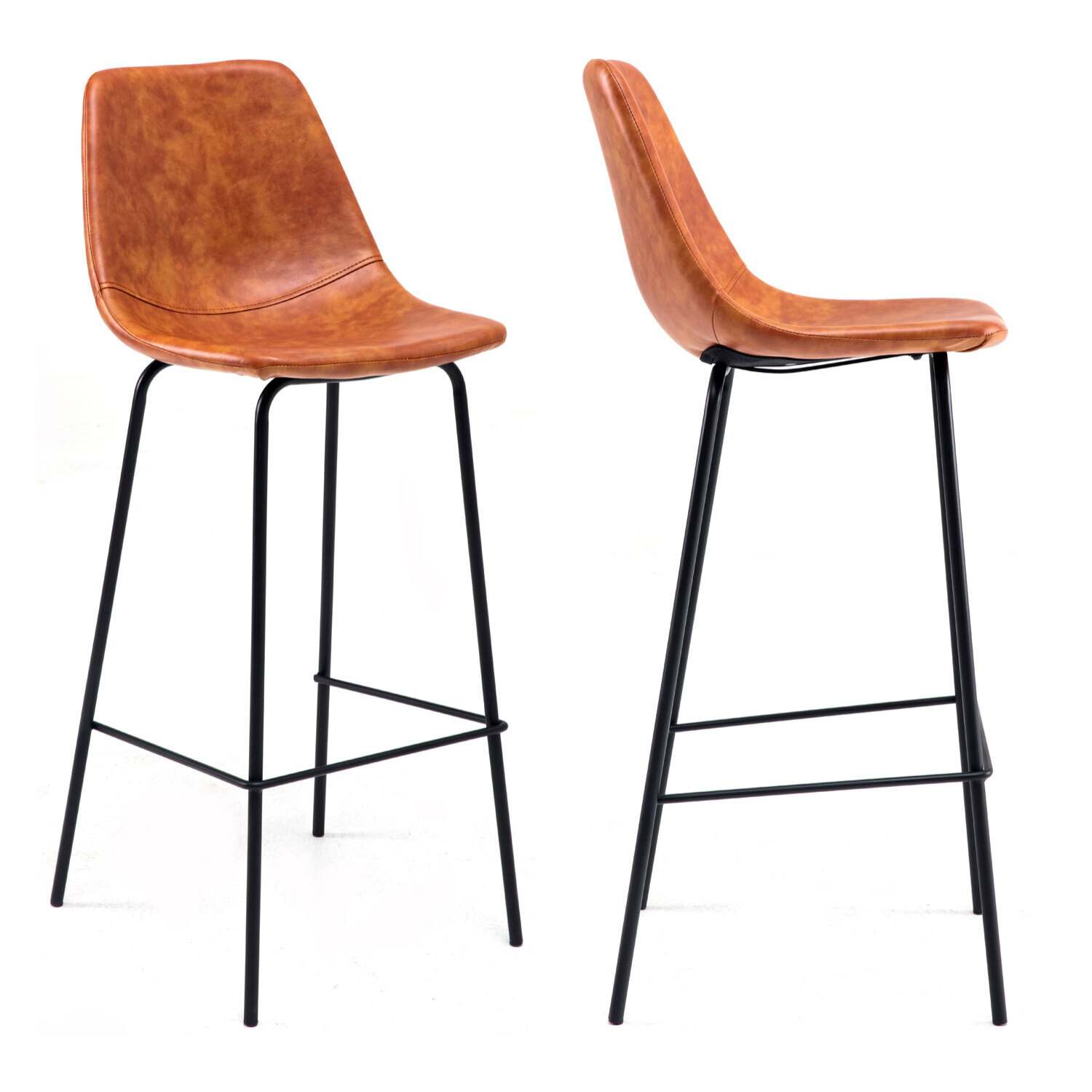 Lot de 2 tabourets de bar vintage LUCIEN cognac - Hauteur d'assise 75cm