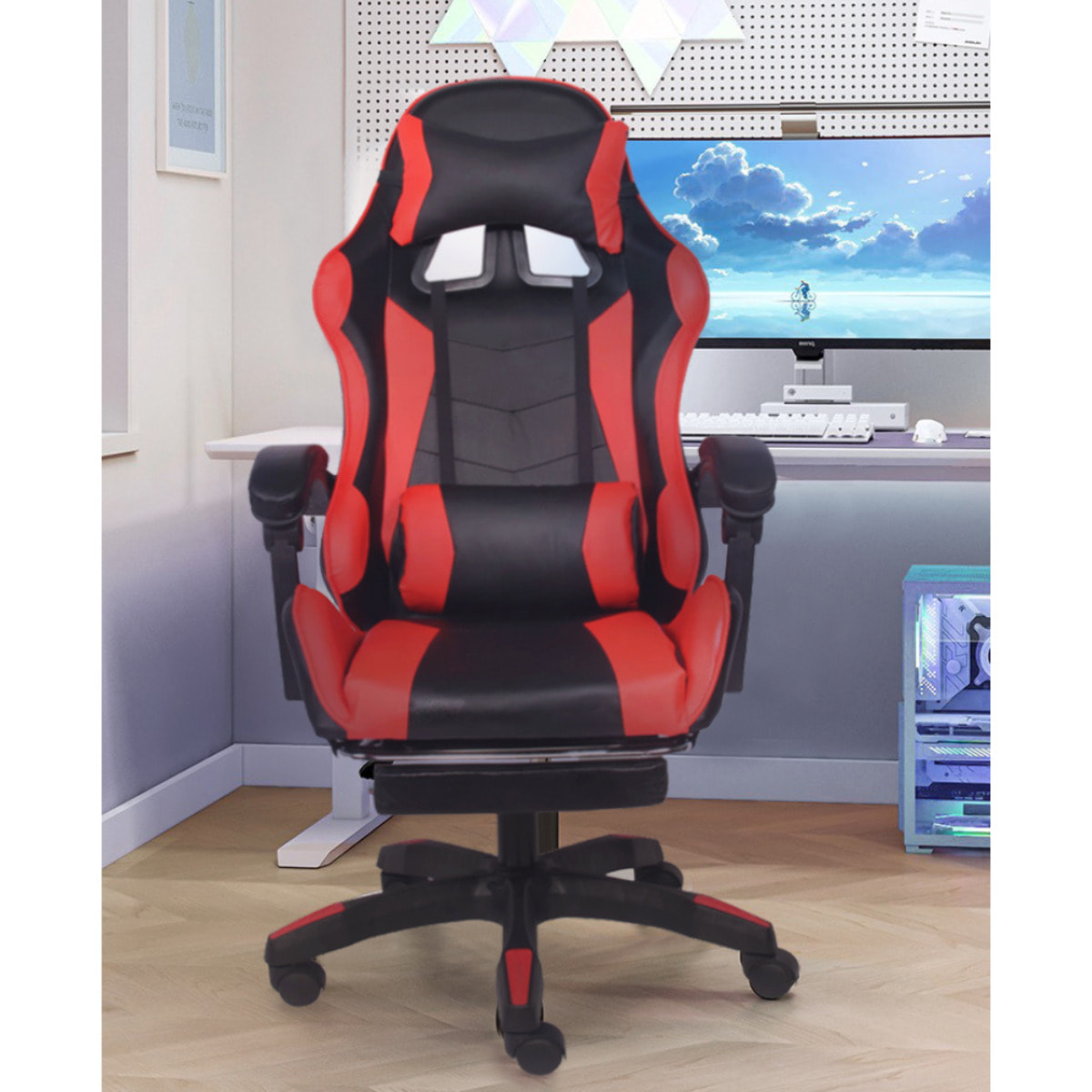 Chaise de gaming massante noir et rouge avec repose pieds GAME