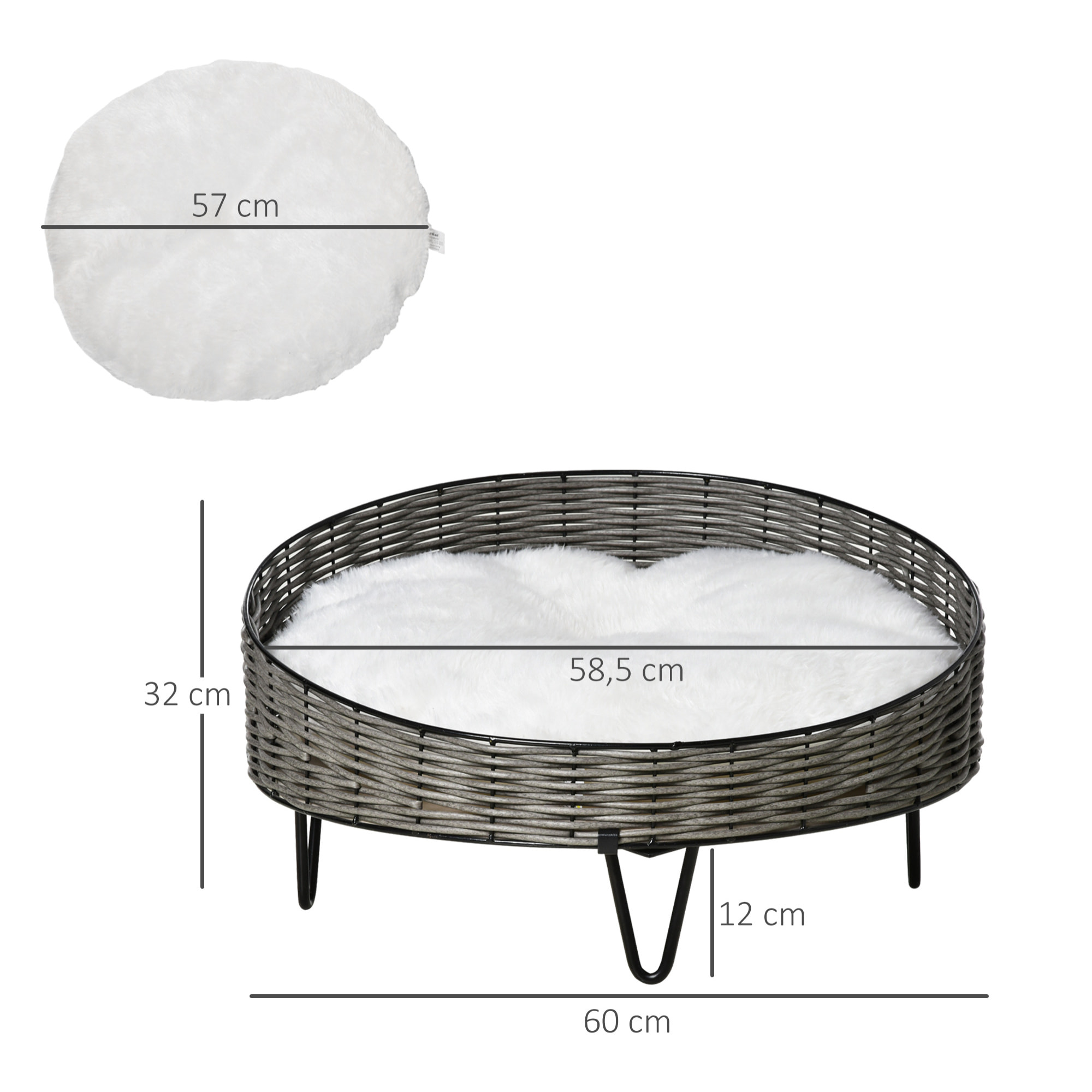 Cama para Perros de Mimbre Redonda con Cojín Lavable y Patas Elevadas Ø60x32 cm