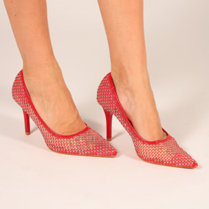 Dècolletè pumps in simil pelle con tomaia bucherellata ricoperta di strass