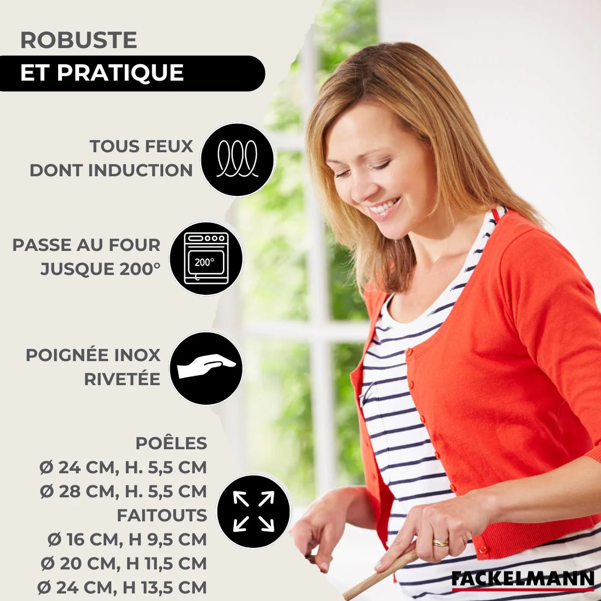 Set 2 poêles 24 et 28 cm en inox, 3 faitouts inox 16, 20 et 24 cm et 6 ustensiles inox Fackelmann Eterna