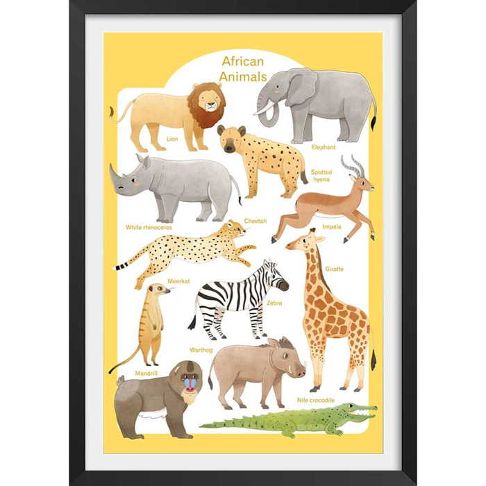Affiche enfant animaux d'afrique  Affiche + cadre en bois - Noir