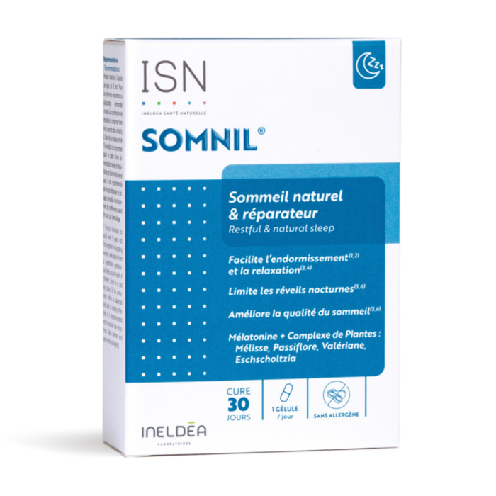 ISN - Somnil - Complément alimentaire - Mélatonine, plantes, vit.B6 - Facilite l'endormissement - Améliore le sommeil - Cure 30 jours