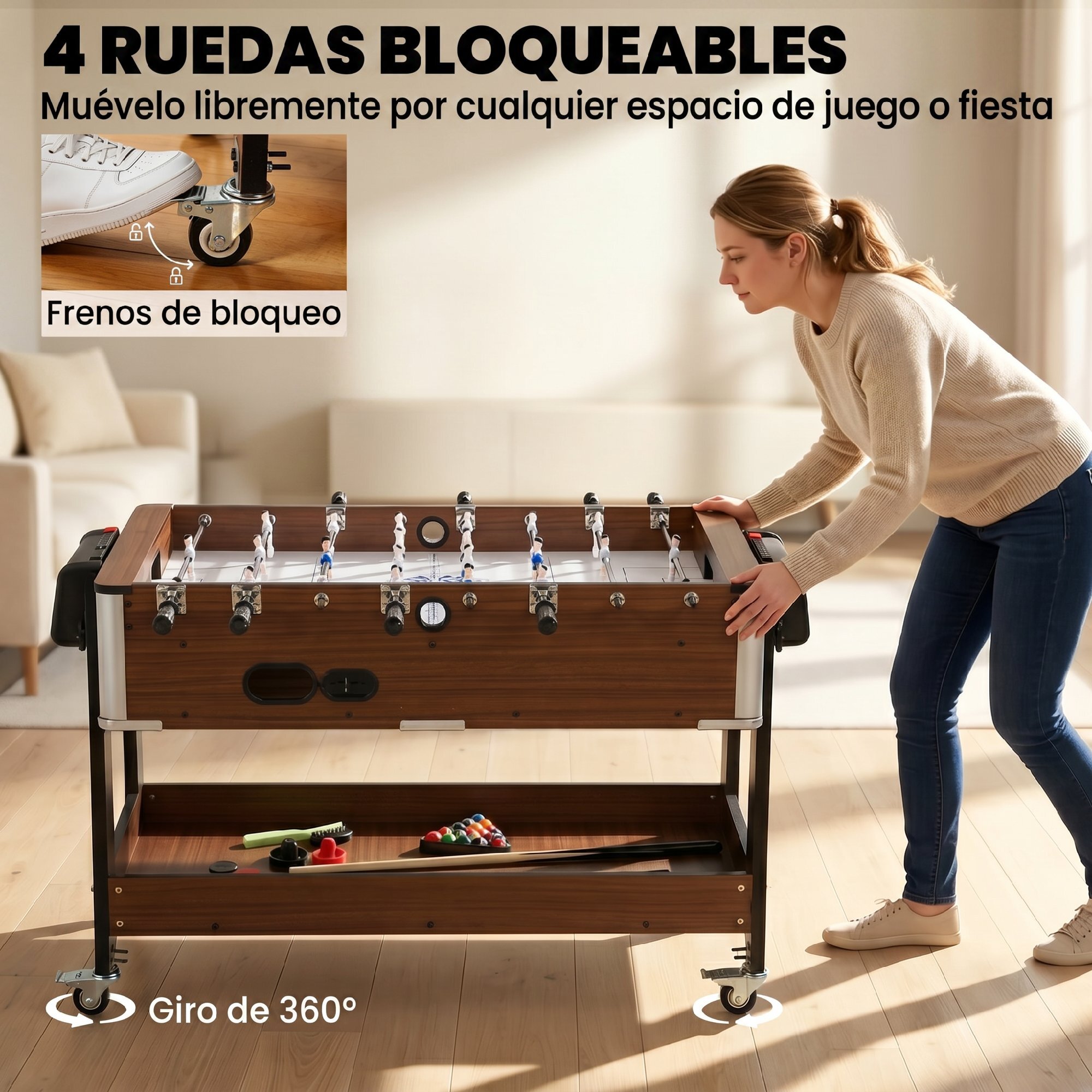 Mesa Multijuegos 3 en 1, Mesa de Juegos con 4 Ruedas con Freno, Estante de Almacenaje, Futbolines para Niños, Air Hockey, Billar y Accesorios, Diversión Familiar para Adultos y Niños, Nogal
