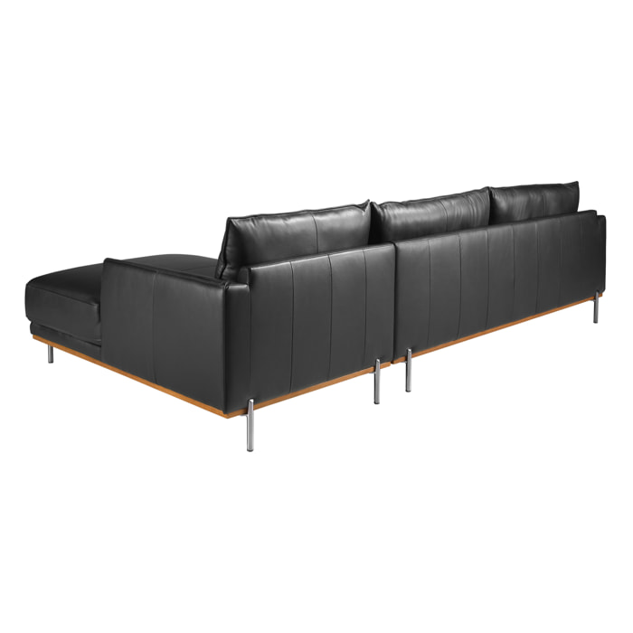 Sofá chaise longue derecha de 5 plazas tapizado en piel de origen vacuno en negro embellecedor de madera de haya vaporizada en nogal y patas de acero inoxidable oscurecido 295x160x83cm