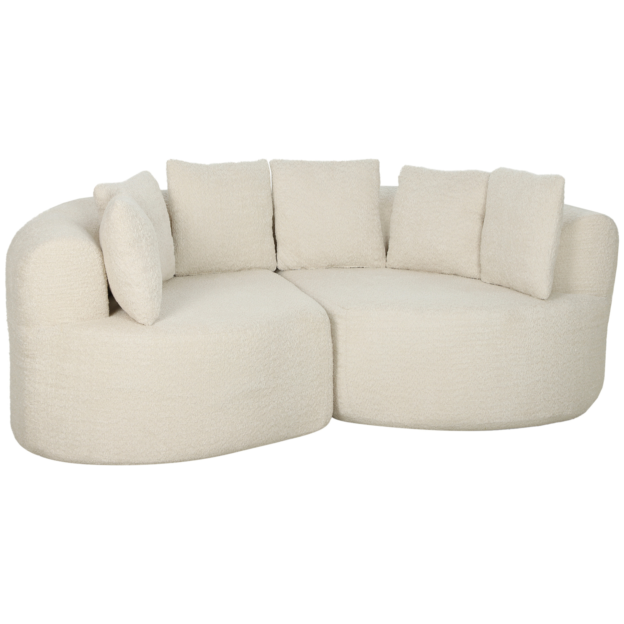 Canapé design arrondi 3 places 6 coussins tissu chenille crème