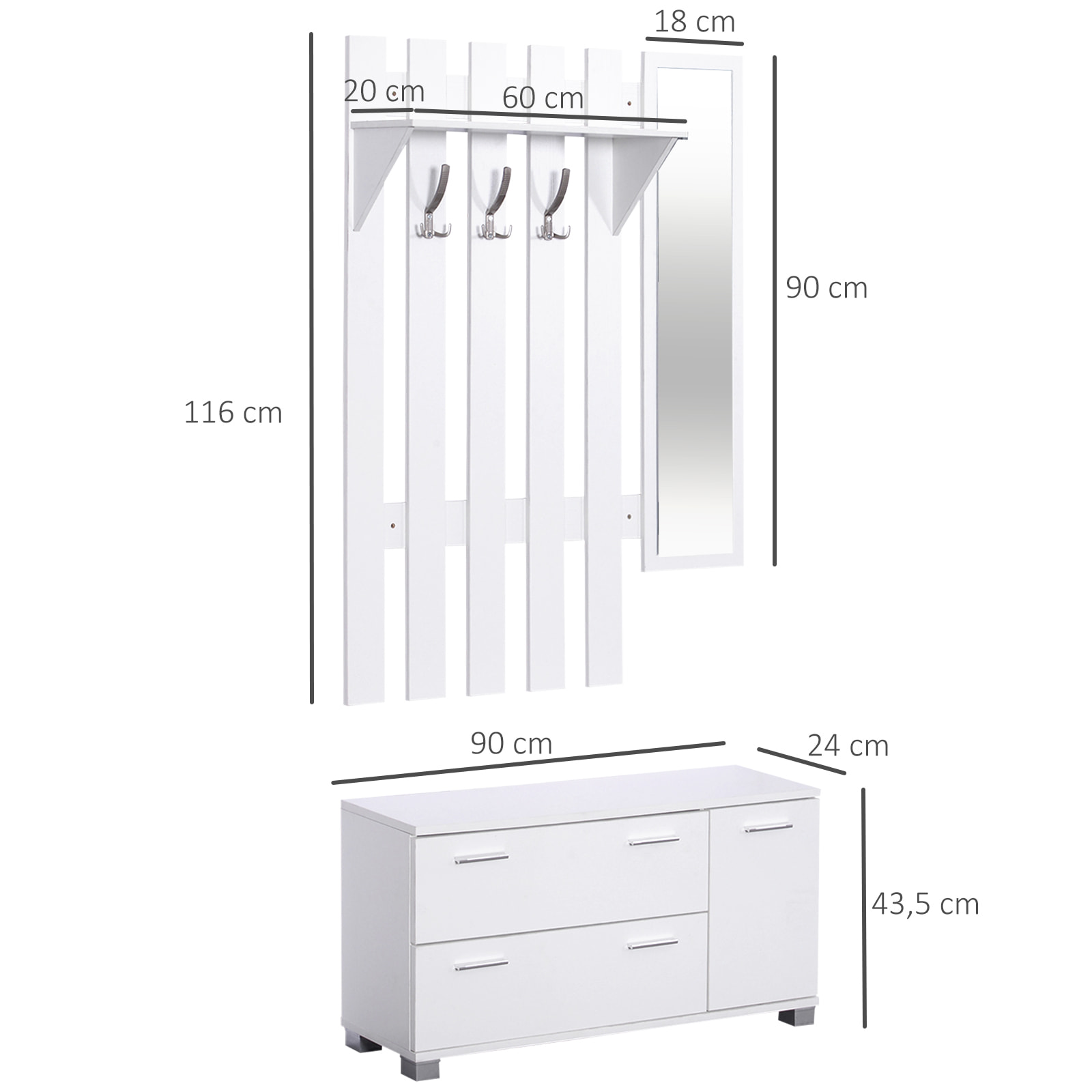 Conjunto de Recibidor de Entrada con Espejo Perchero y Zapatero Muebles de Entrada con 3 Ganchos Estante y 2 Cajones para Pasillo Blanco