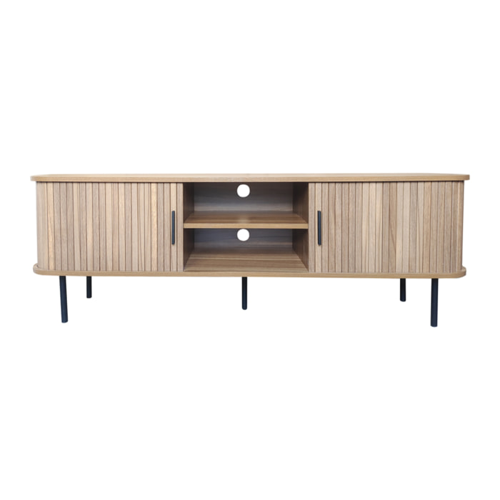 AMBON Meuble TV en bois cannelé à portes coulissantes 140cm