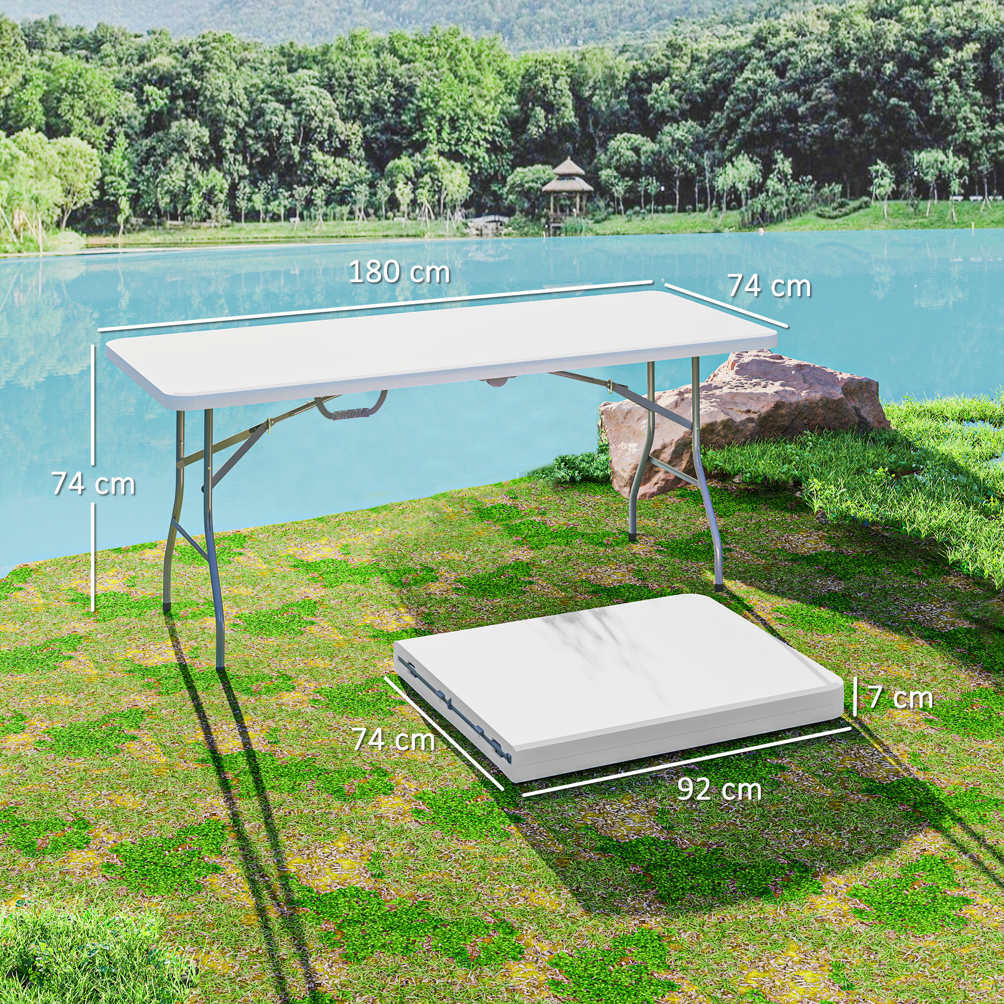 Table pliante de camping jardin dim. 180 x 74 x 74 cm avec poignée métal époxy gris HDPE blanc