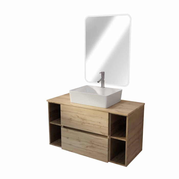 Meuble salle de bains 100 TIMBER Décor Chêne 2 Tiroirs Vasque Blanche Rectangulaire Miroir LED 60x80