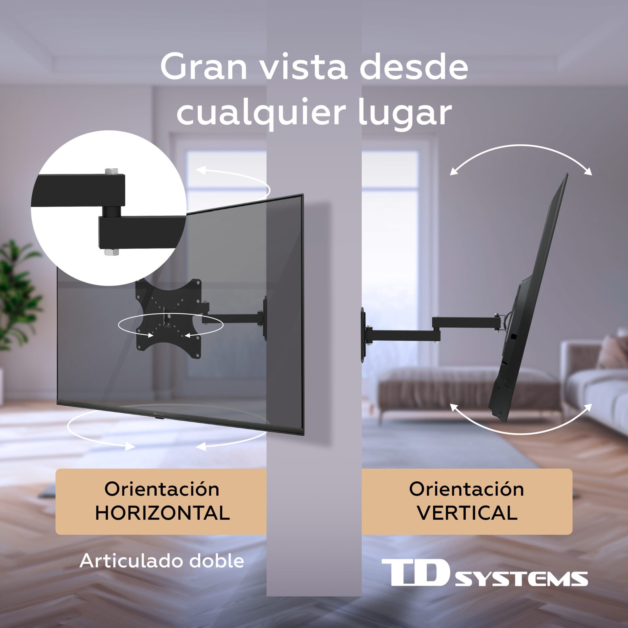 Soporte de TV pared articulado doble e inclinable de perfil bajo para pantallas de 14 a 40 pulgadas. VESA máximo de 200 x 200 mm - TD Systems P20X25A222