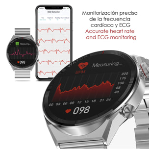 Smartwatch DT3 Mate con notifiche, schermo diviso, modalità multisport e cardiofrequenzimetro. Include cinturini in metallo e silicone.