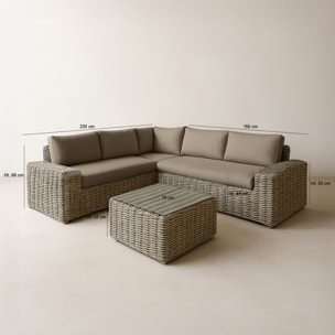 Salon de jardin 7 places en résine tressée effet rotin et coussin gris ANTIGUA