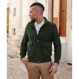 Giacca bomber in pelle camoscio verde con bottoni e tasconi