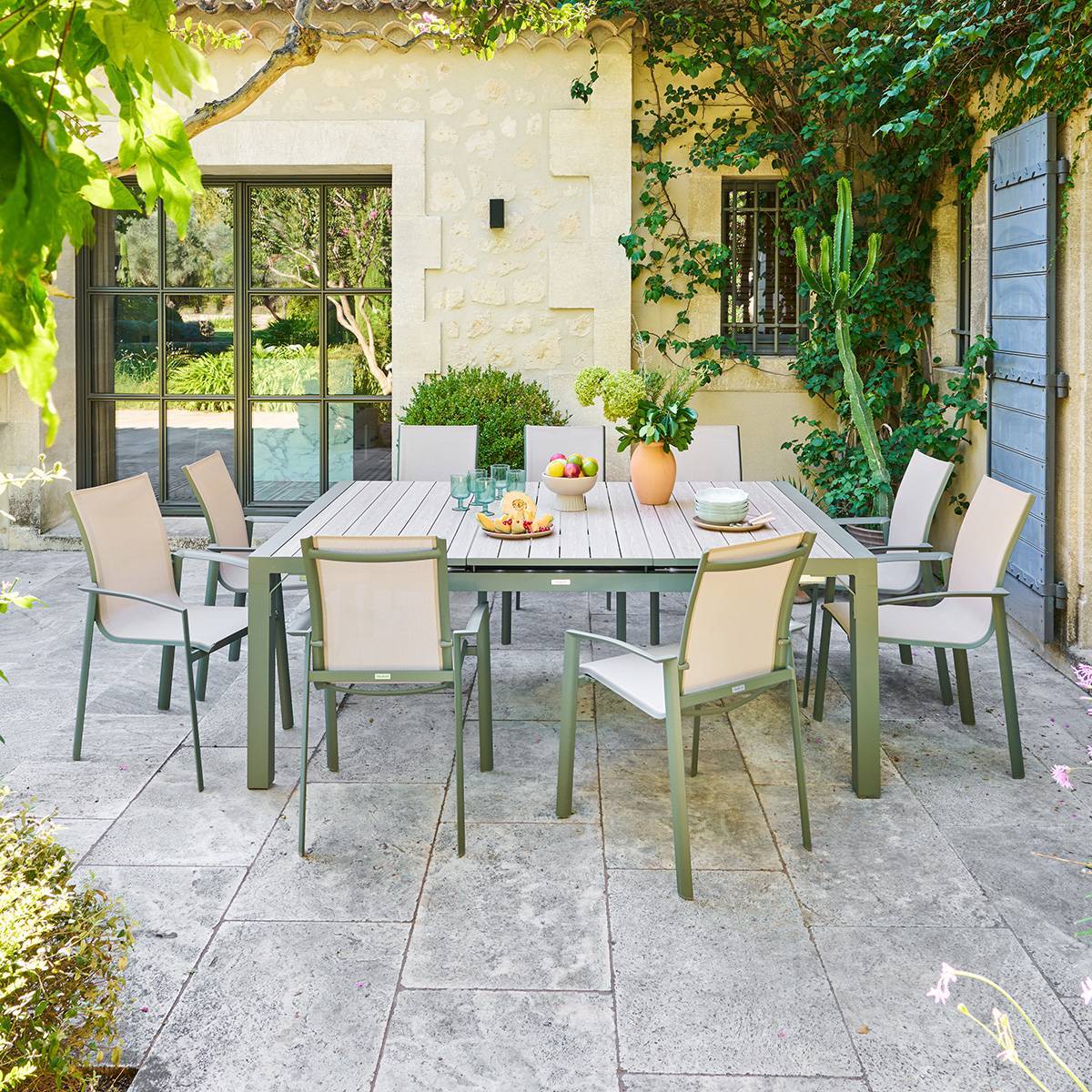 Table de jardin carrée 10 places Evasion extensible beige lin/laurier