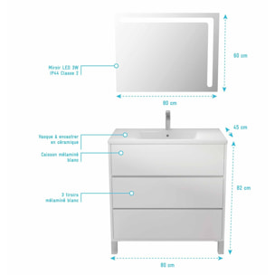 Ensemble Meuble de salle de bain blanc 80 cm sur pied 3 tiroirs + vasque ceramique blanche + miroir