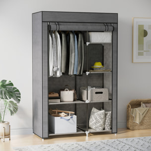 Armoire penderie multi-rangement - 6 étagères, 1 barre - dim. 103L x 43l x 162,5H cm - acier noir non tissé gris