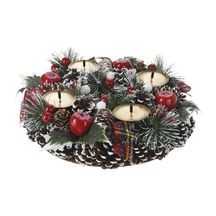 Corona con candelabro en diseño redondo con piñas y detalles rojo 27x8cm