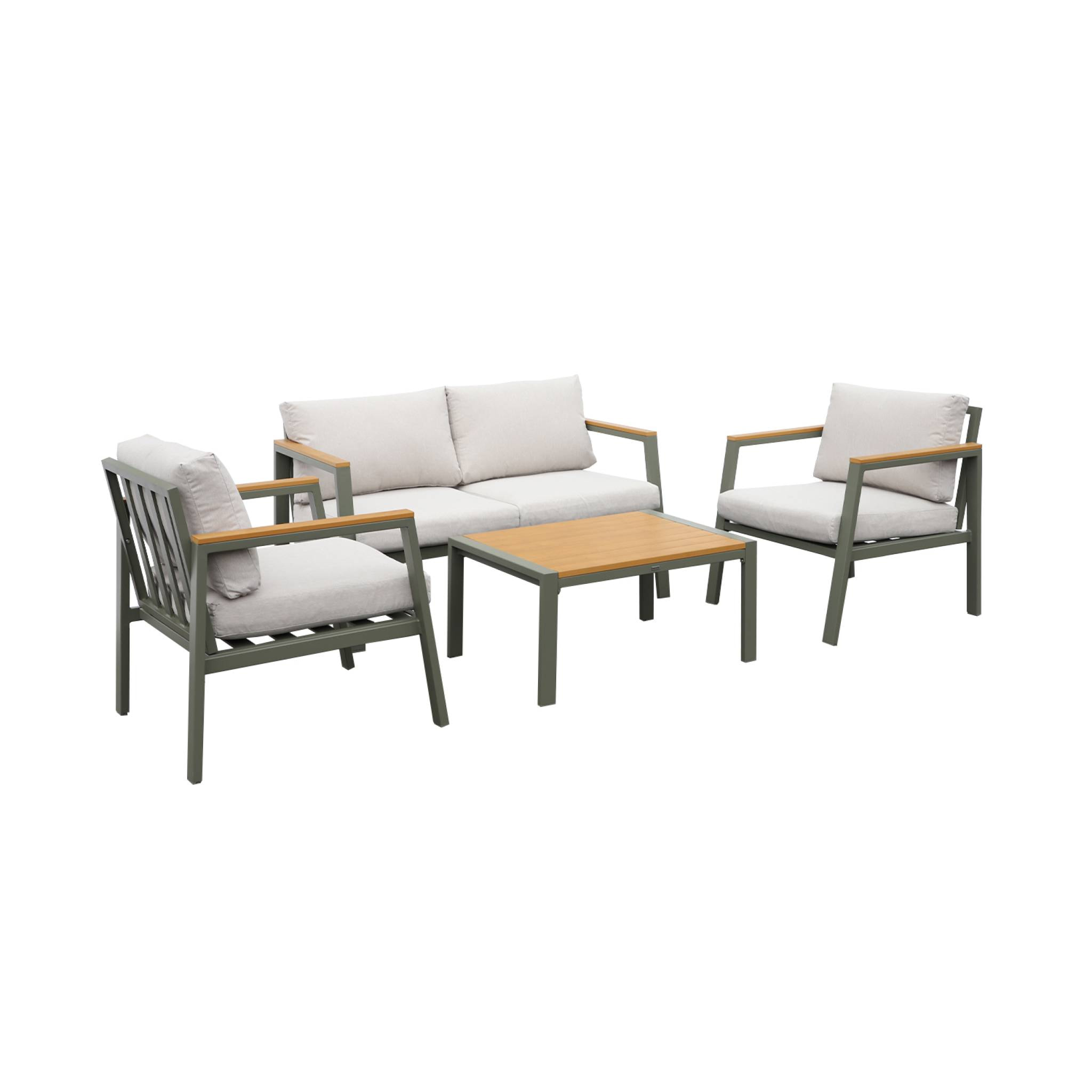 Salon de jardin Casoria. kaki et beige. aluminium et polywood 4 places. 1 canapé. 2 fauteuils. 1 table basse