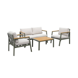 Salon de jardin Casoria. kaki et beige. aluminium et polywood 4 places. 1 canapé. 2 fauteuils. 1 table basse