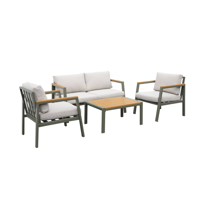 Salon de jardin Casoria. kaki et beige. aluminium et polywood 4 places. 1 canapé. 2 fauteuils. 1 table basse