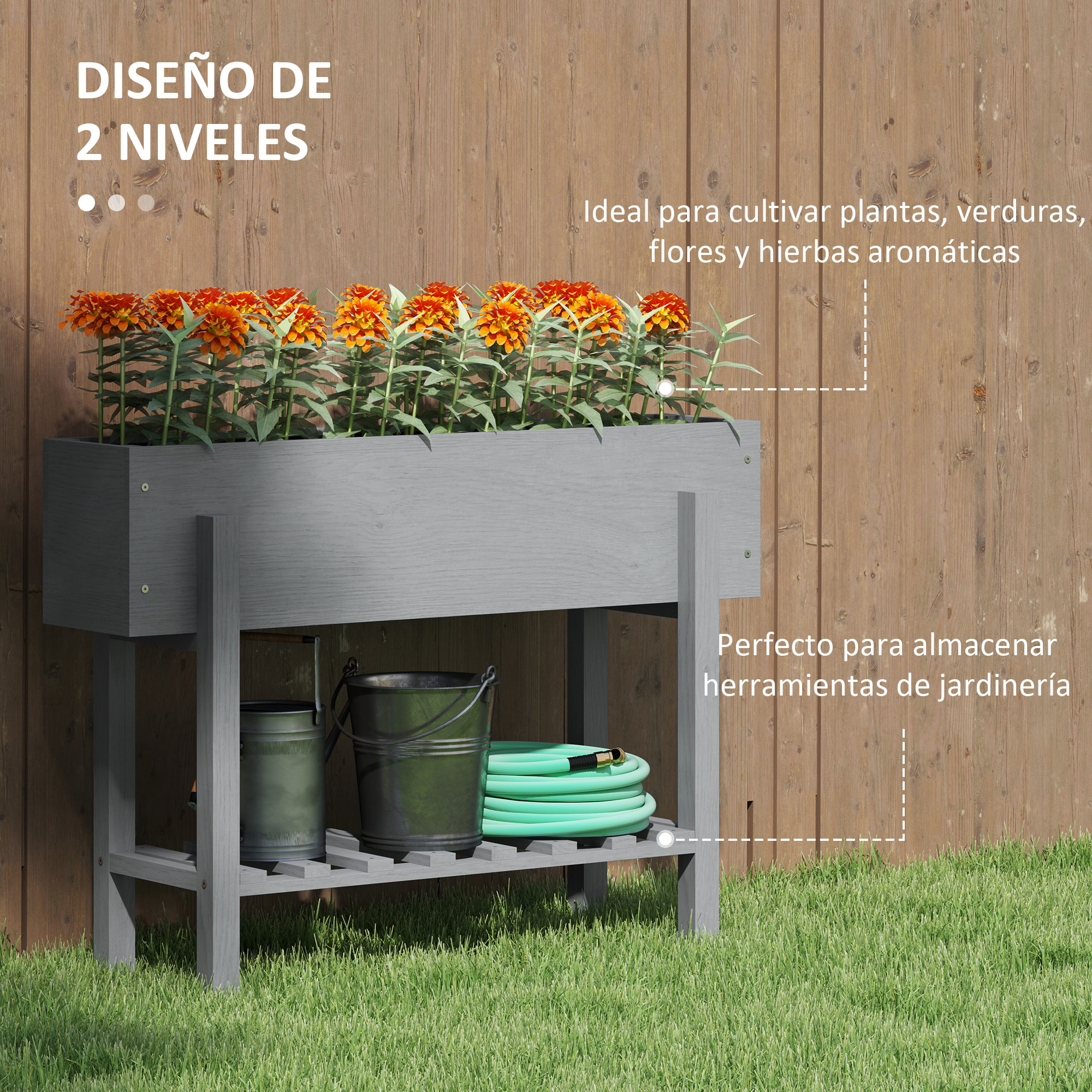 Huerto Urbano de Madera Mesa de Cultivo con Estante Jardinera Elevada para Cultivo Flores Vegetales en Jardín Terraza 100x30x70,5 cm Gris