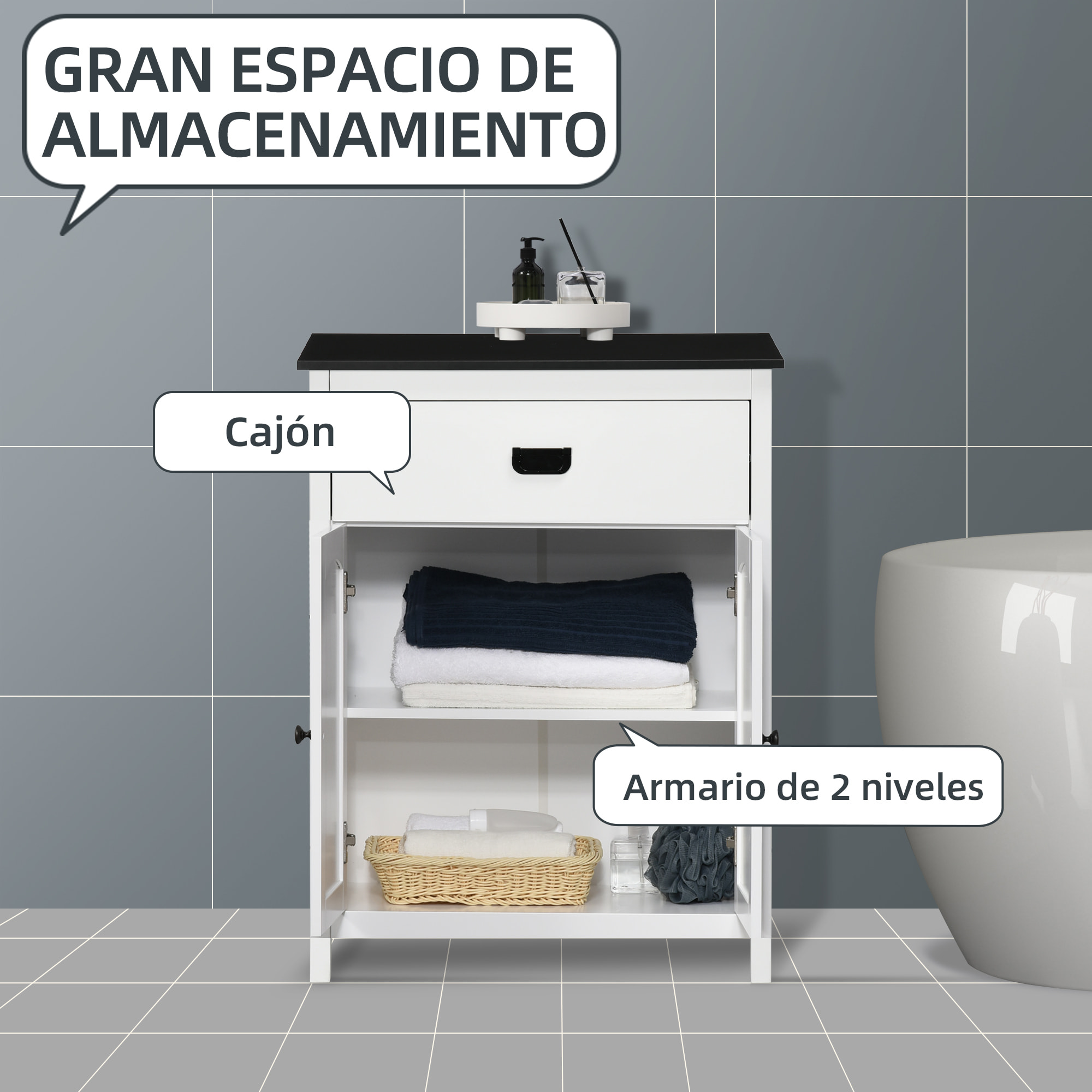 Armario Auxiliar de Baño Mueble de Baño Auxiliar con 1 Cajón 2 Puertas y Estante Ajustable para Lavabo Ducha Estilo Moderno 60x30x80 cm Blanco