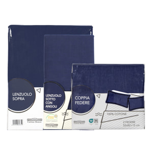 COMPLETO LENZUOLA LETTO SINGOLO BLU NAVY LINEA TINTE FORTI 100% COTONE