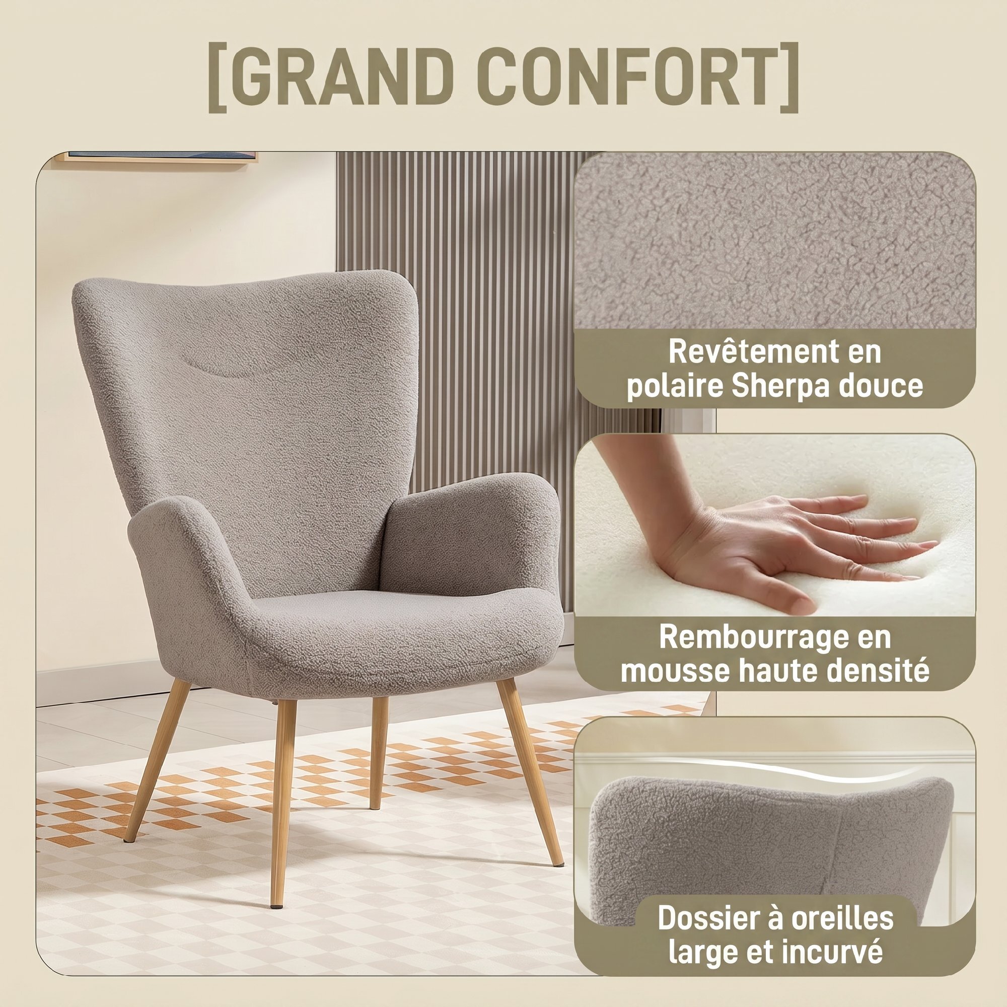 Fauteuil bouclette design à oreilles piètement métal effet bois gris