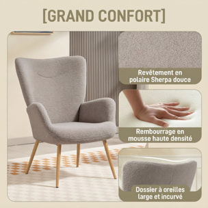 Fauteuil bouclette design à oreilles piètement métal effet bois gris