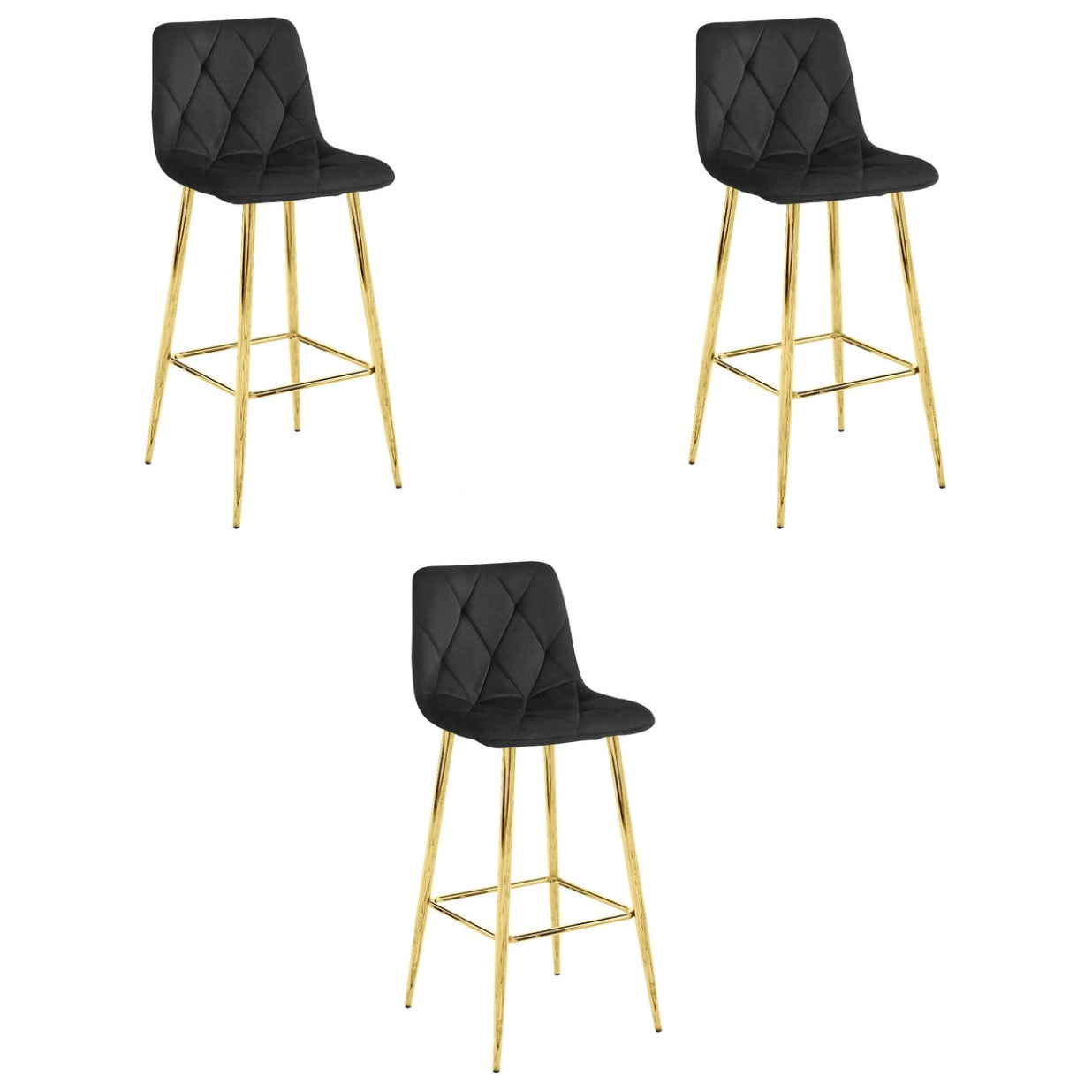 Set di 3 Sgabelli Nado in Velluto Nero e Gambe Oro
