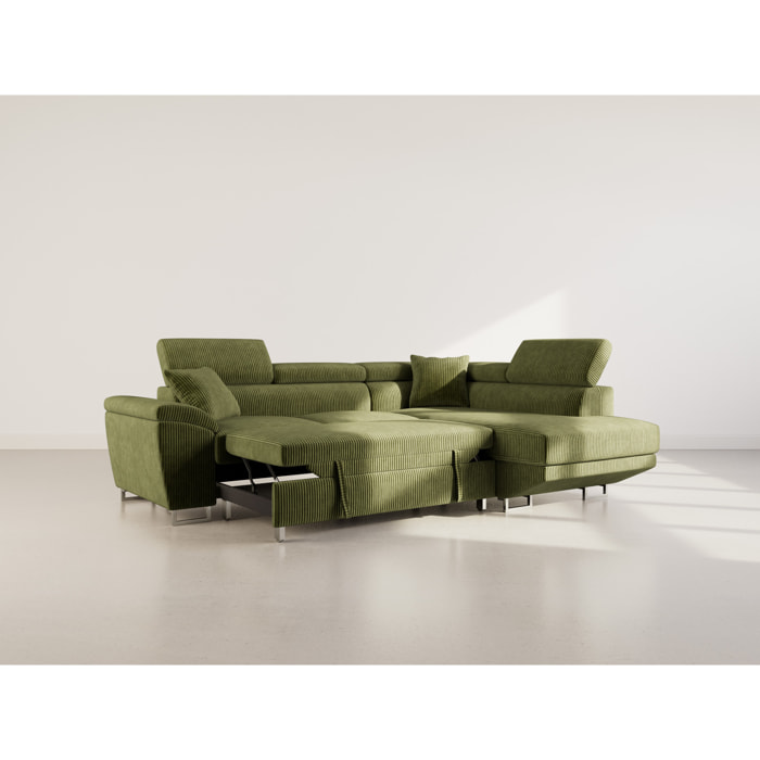 Baoji - Canapé d'angle droit 5 places convertible avec têtières et coffre en velours côtelé - Vert
