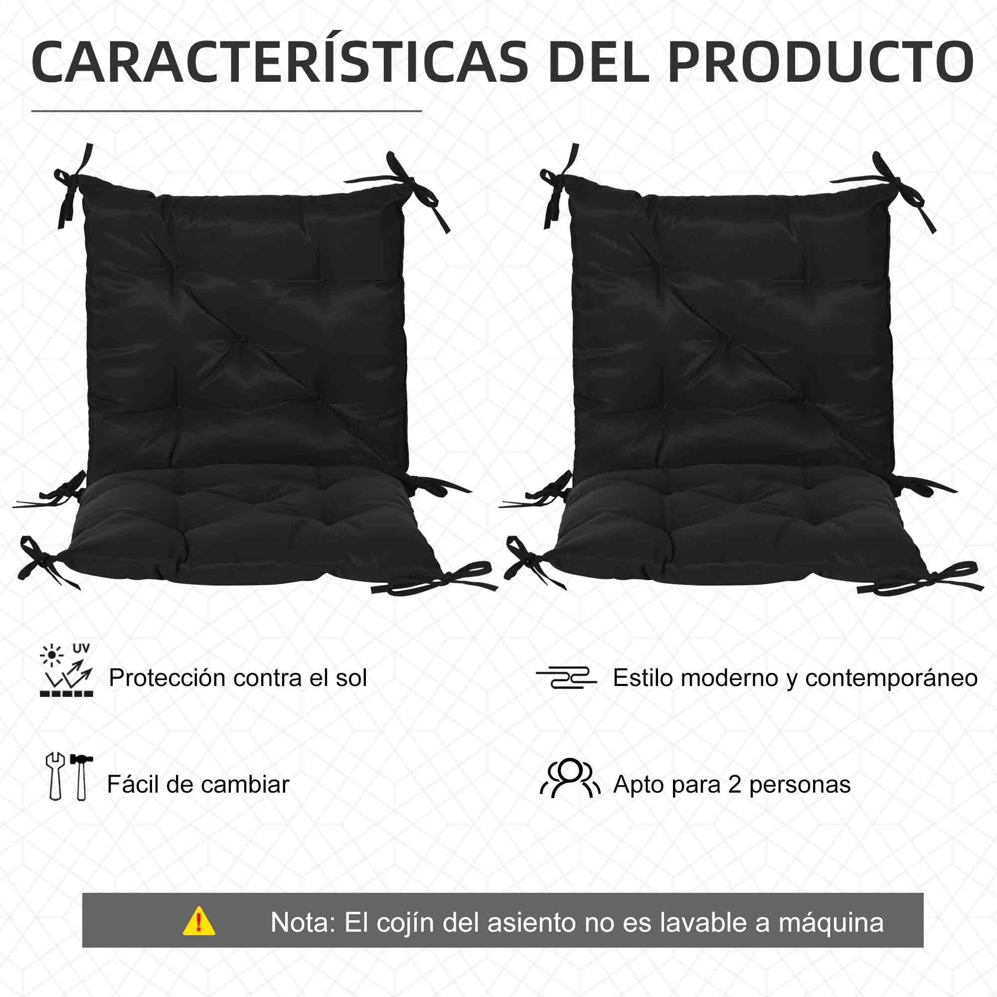 Conjunto de 2 Cojines para Silla Cojines para Jardín Colchones de Banco con Respaldo 6 Cordones de Fijación 50x98x8 cm Negro