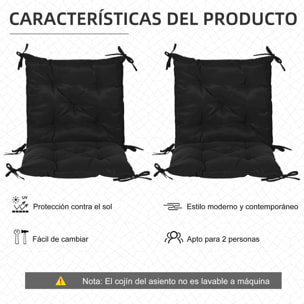 Conjunto de 2 Cojines para Silla Cojines para Jardín Colchones de Banco con Respaldo 6 Cordones de Fijación 50x98x8 cm Negro