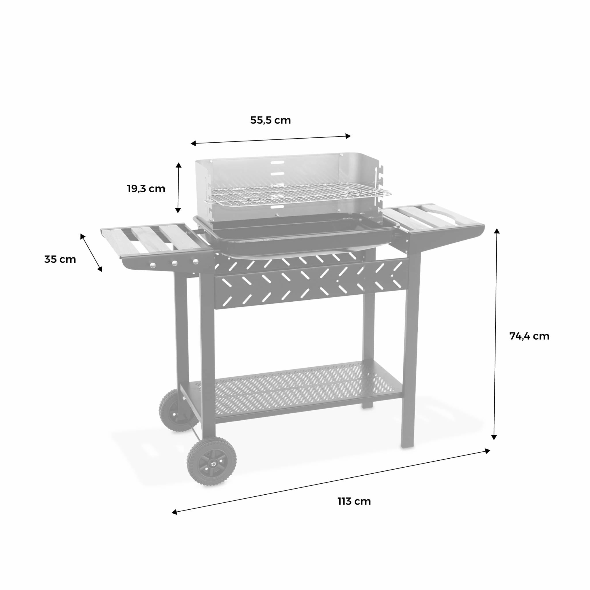 Barbecue au charbon - Alfred - Noir et gris. hauteur de grille ajustable. cuve émaillée. tablettes en bois. étagère et crochets