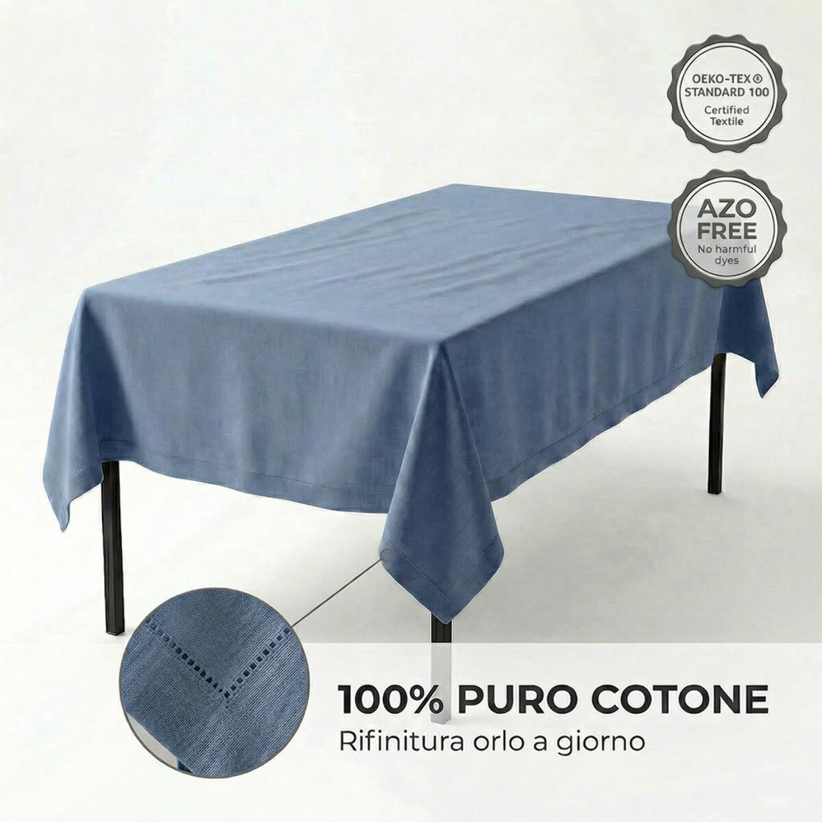 Tovaglia in cotone ajour elegante e versatile, tessuto morbido e resistente, ideale per tavola quotidiana e occasioni formali, design raffinato e discreto, facile da lavare e stirare, certificata sicura per uso domestico